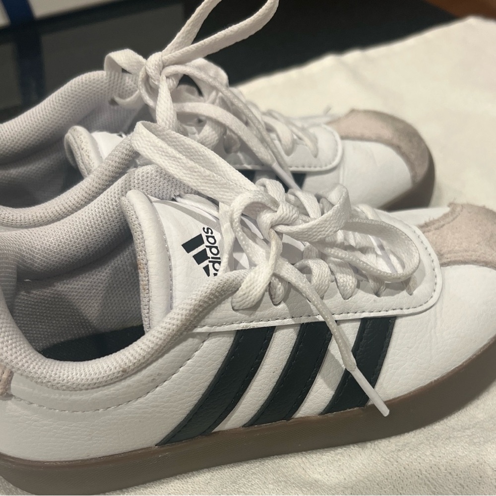 12 toddler Adidas Kids White and Black Sneakers with Tan Accents